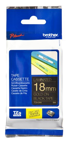 Brother TZE-344 DirectLabel gold on black Laminat 18mm x 8m for Brother P-Touch TZ 3.5-18mm/36mm/6-18mm/6-24mm/6-36mm