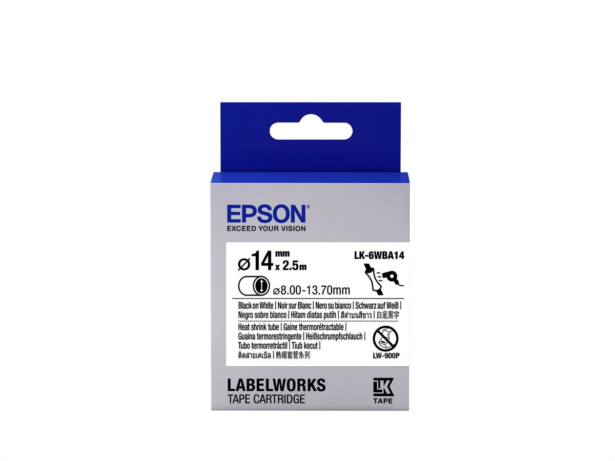 Epson C53S656903/LK-6WBA14 Heat Shrink Tubes black on white 14mm x 2,5m for Epson LabelWorks 4-18mm/24mm/36mm/6-18mm/6-24mm