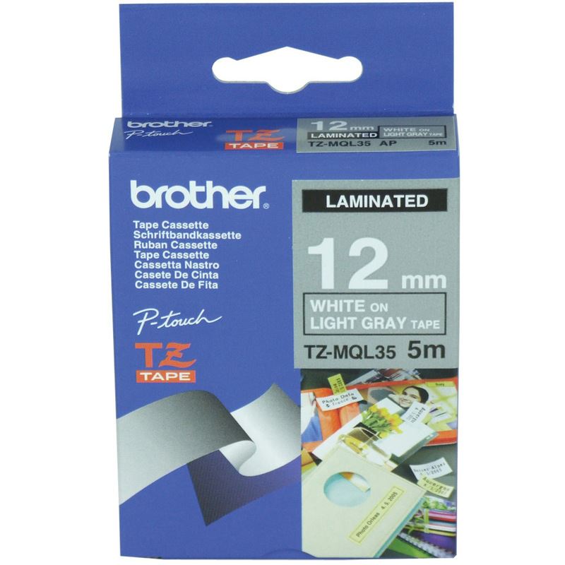 Brother TZE-MQL35 DirectLabel white on gray Laminat 12mm x 8m for Brother P-Touch TZ 3.5-18mm/6-12mm/6-18mm/6-24mm/6-36mm