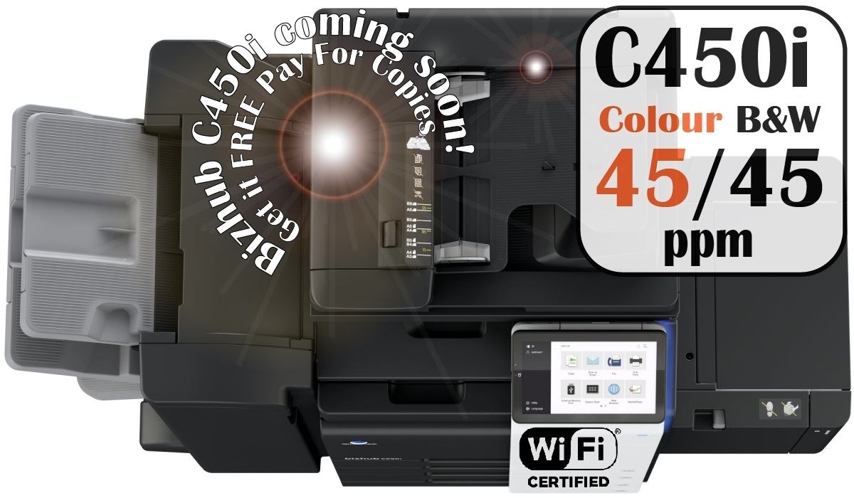 Konica Minolta bizhub C451i A3 MFD. Dual Scan Document Feeder, Std Print Controller, 2x500 sheets Paper Cassette, 100 sheet bypass, HDD SDD 250GB, Duplex