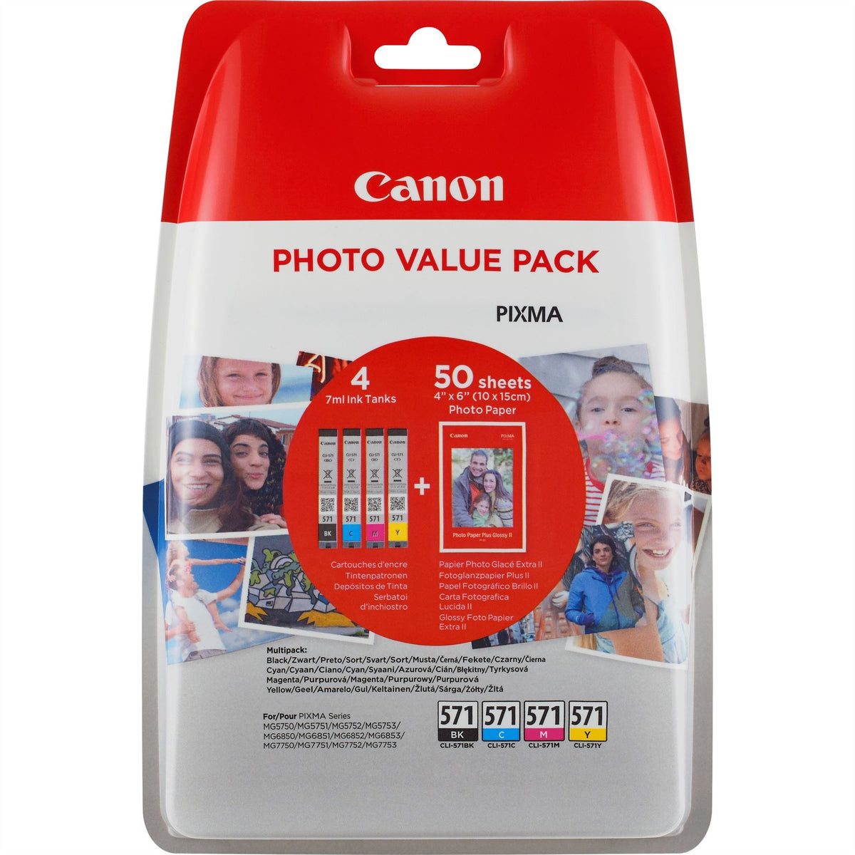 Canon 0386C006/CLI-571 Ink cartridge multi pack Bk,C,M,Y + Photopaper 10x15cm 50 sheet 7ml Pack=4 for Canon Pixma MG 5750/7750