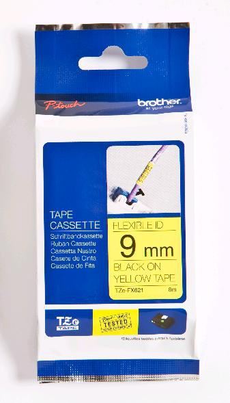 Brother TZE-FX621 DirectLabel black on yellow Laminat 9mm x 8m for Brother P-Touch TZ 3.5-18mm/6-12mm/6-18mm/6-24mm/6-36mm