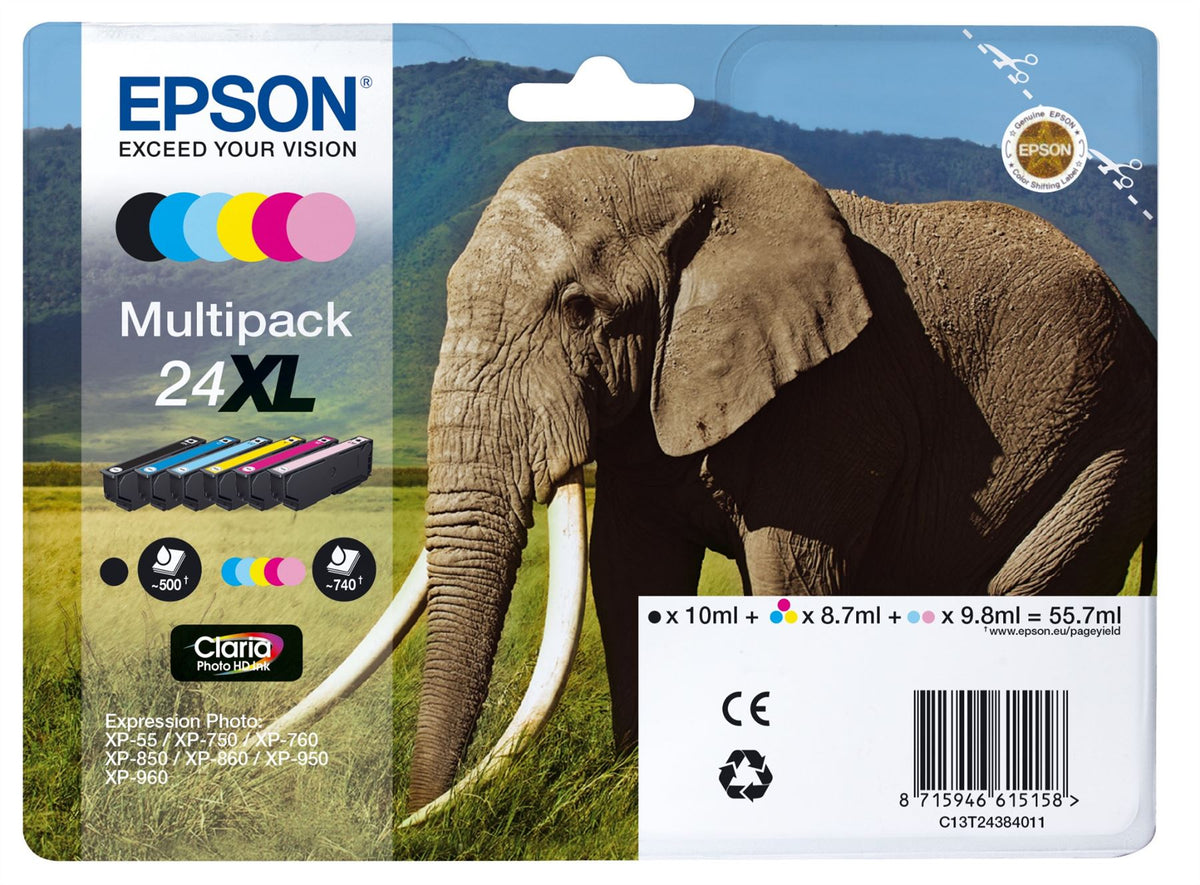 Epson C13T24384011/24XL Ink cartridge multi pack Bk,C,M,Y,LC,LM high-capacity, 6x740 pages 500pg + 5x740 pg, 1x10ml + 3x9ml + 2x10ml Pack=6 for Epson XP 750