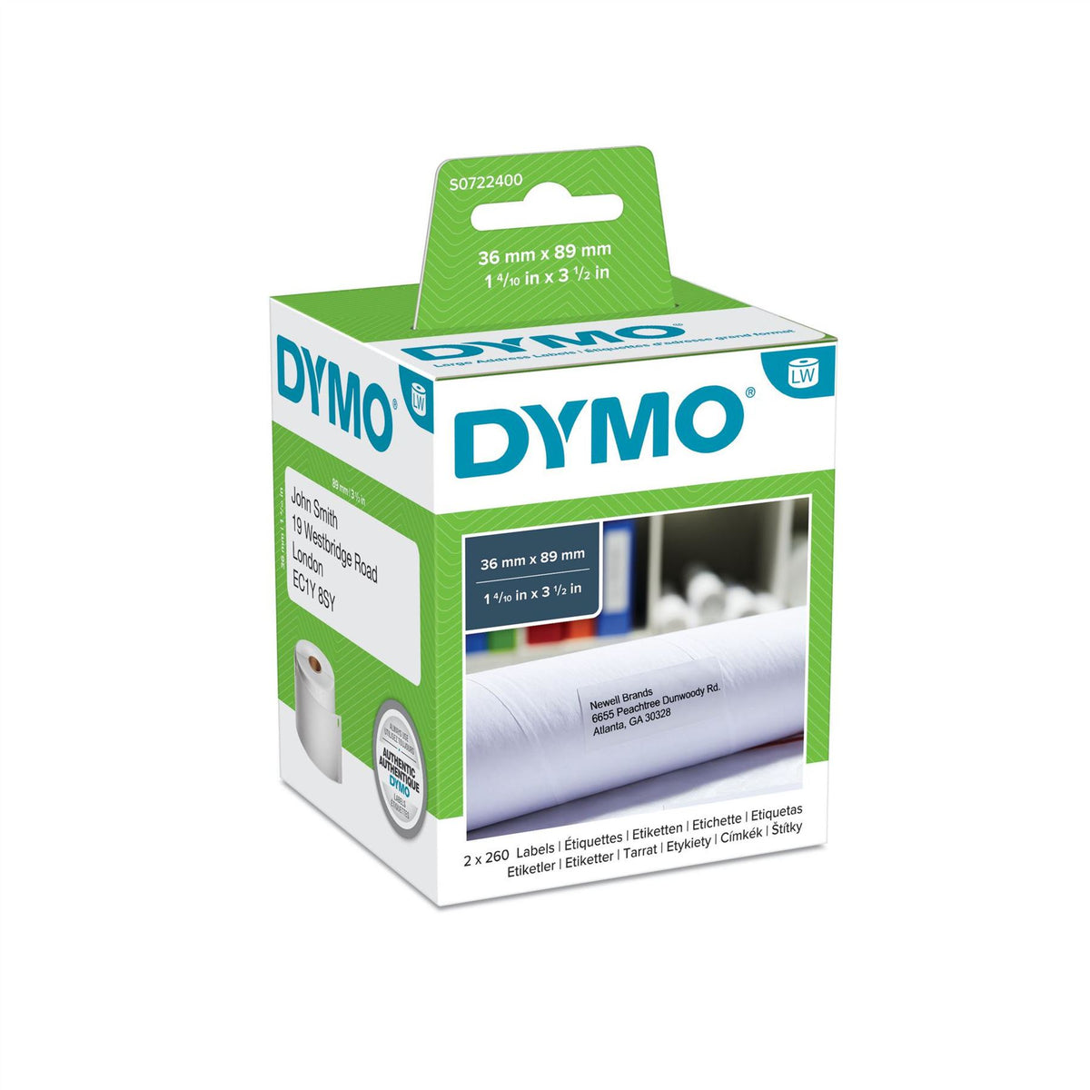 Dymo 99012/S0722400 DirectLabel-etikettes 89mm x36mm Pack=2 for Dymo 400 Duo/60mm