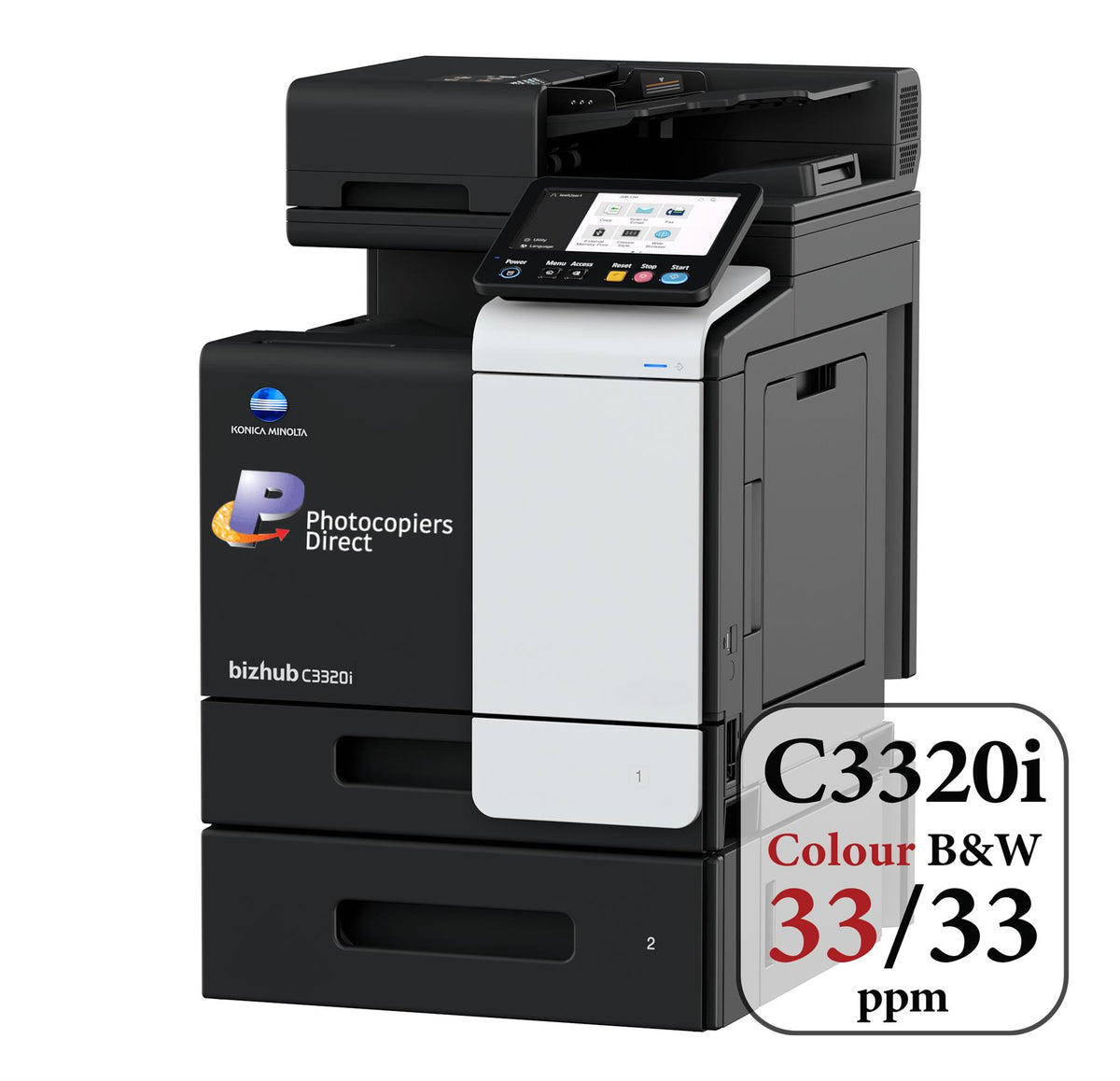 Konica Minolta bizhub C3320i -A4 MFD. Print cntrllr. Std 500 sheets and 100-sheet bypass paper capacity. ADF and duplex unit std.