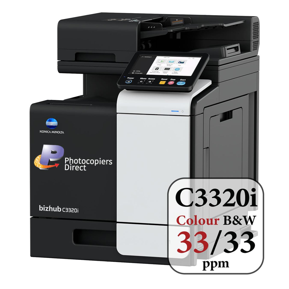 Konica Minolta bizhub C3320i -A4 MFD. Print cntrllr. Std 500 sheets and 100-sheet bypass paper capacity. ADF and duplex unit std.