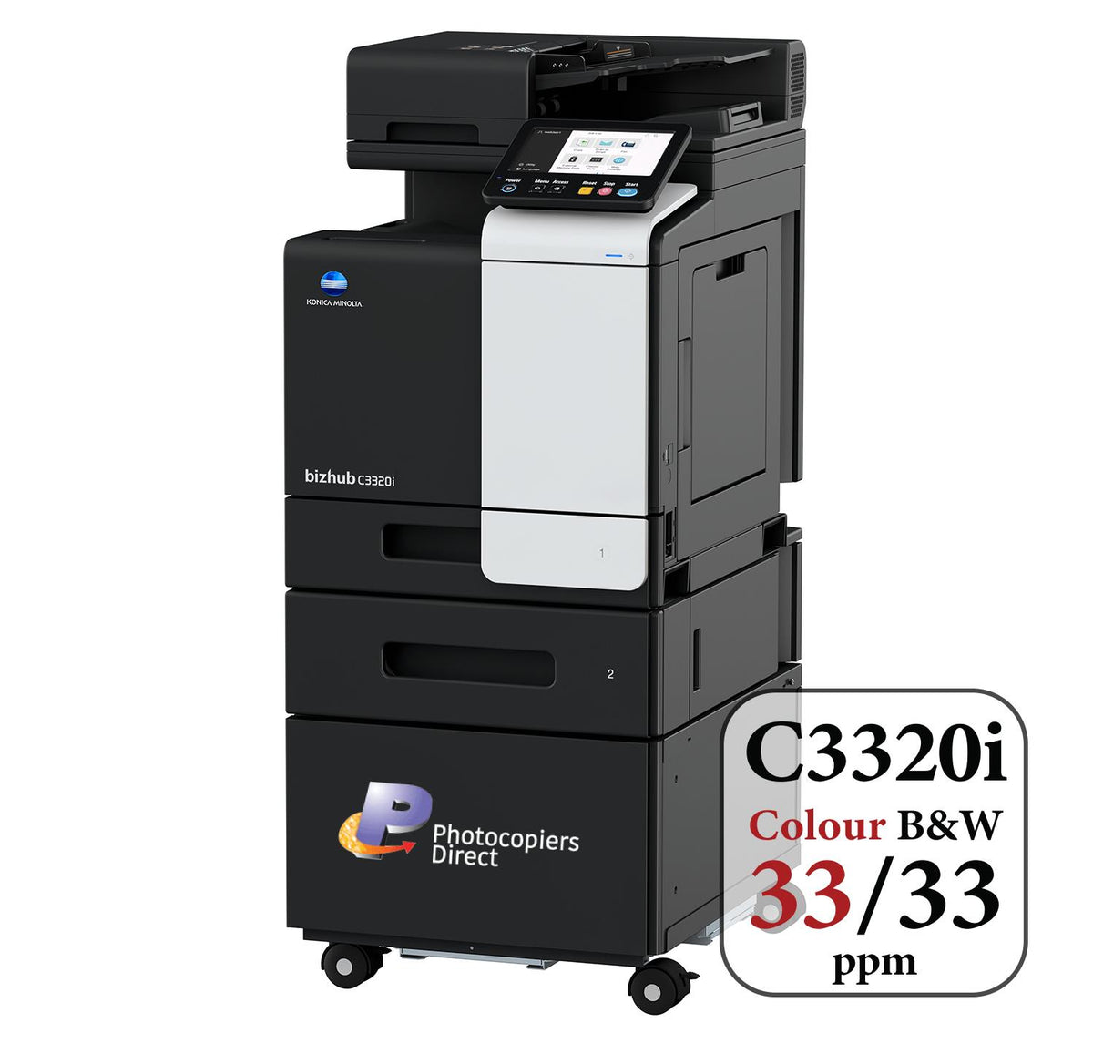 Konica Minolta bizhub C3320i -A4 MFD. Print cntrllr. Std 500 sheets and 100-sheet bypass paper capacity. ADF and duplex unit std.