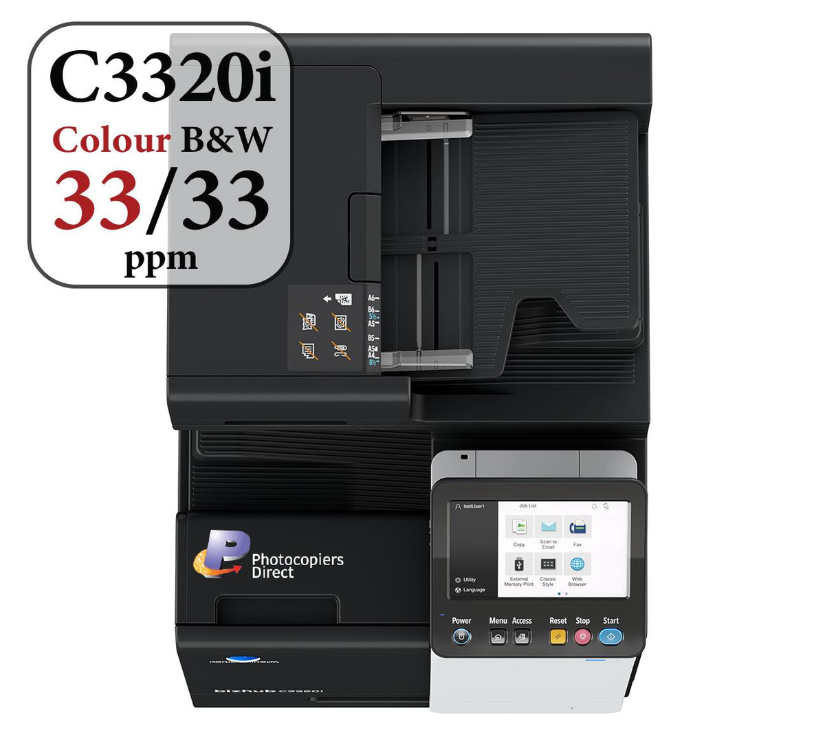 Konica Minolta bizhub C3320i -A4 MFD. Print cntrllr. Std 500 sheets and 100-sheet bypass paper capacity. ADF and duplex unit std.